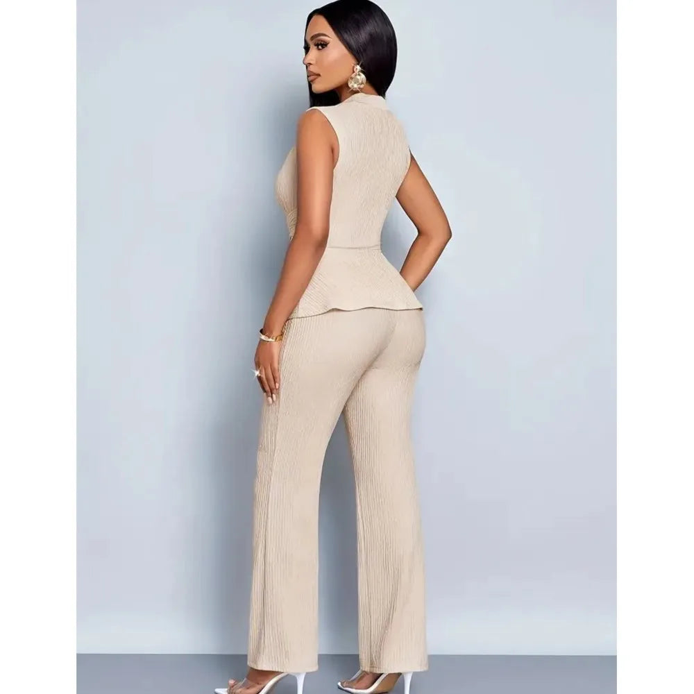 New Spring Summer Women's Trousers Two-piece Elegant Slim V-neck Sleeveless Irregular T-shirt Wide-leg Pants Office 2-piece Set - JN Fashion Fusion