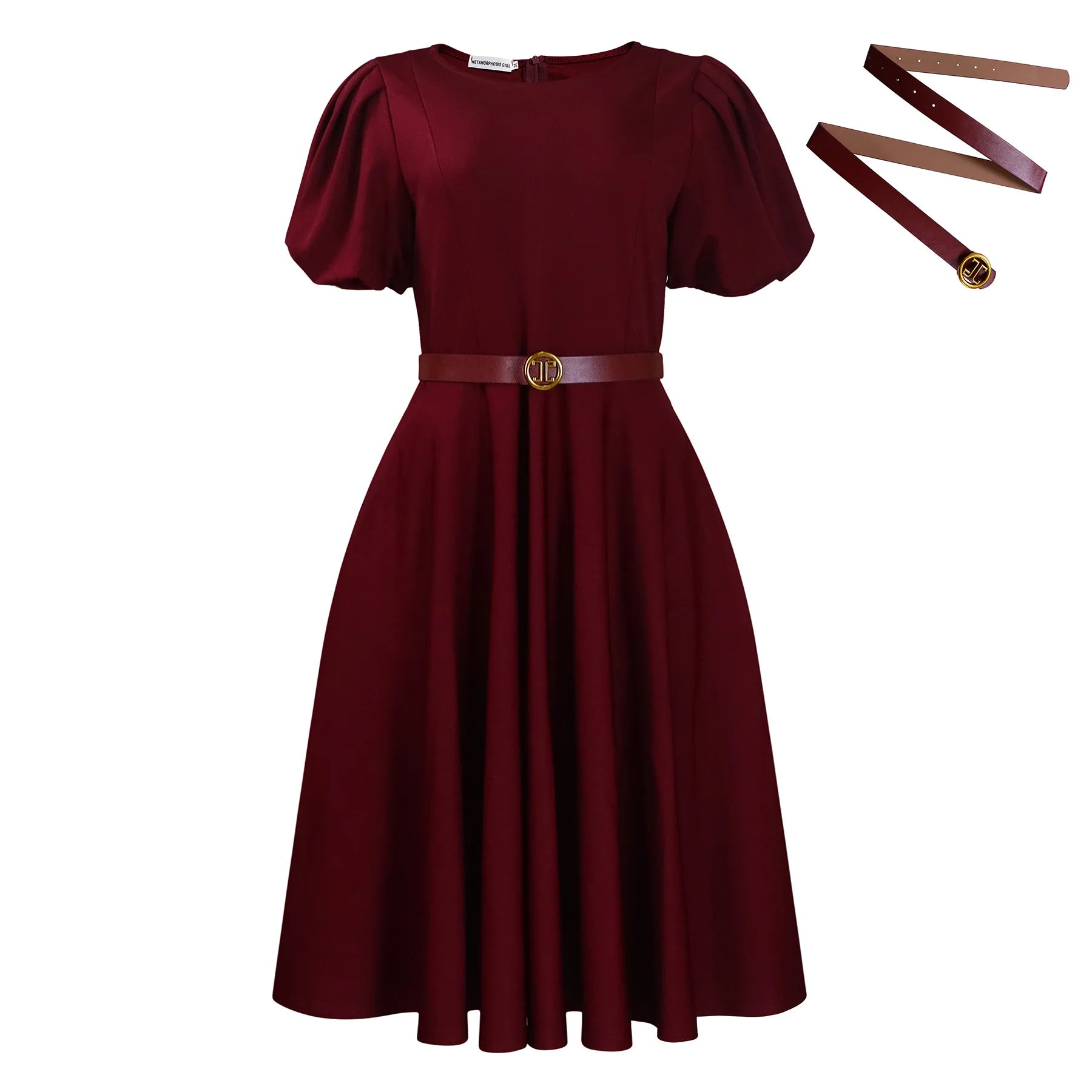 Women's Elegant High-Waisted Puffed Sleeve Summer Dress 2026 Solid Color round Neck Large Skirt Hem Fashionable Casual Dress