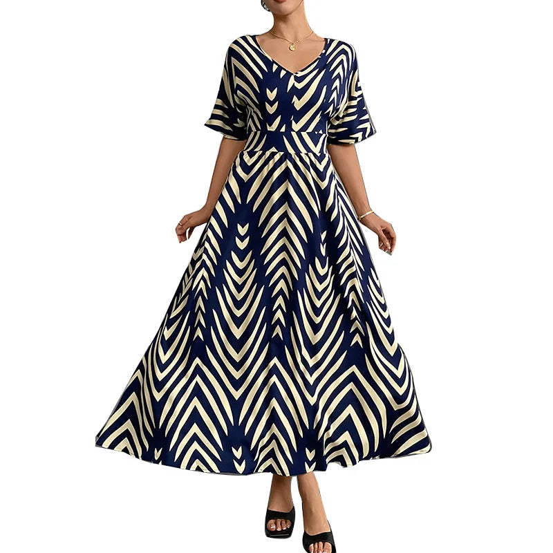 Women's Dresses Fashion Printed V-neck Short Sleeve Waist Wide Dress Summer New Stripe Belt Comfortable Elegant Party Dresses - JN Fashion Fusion