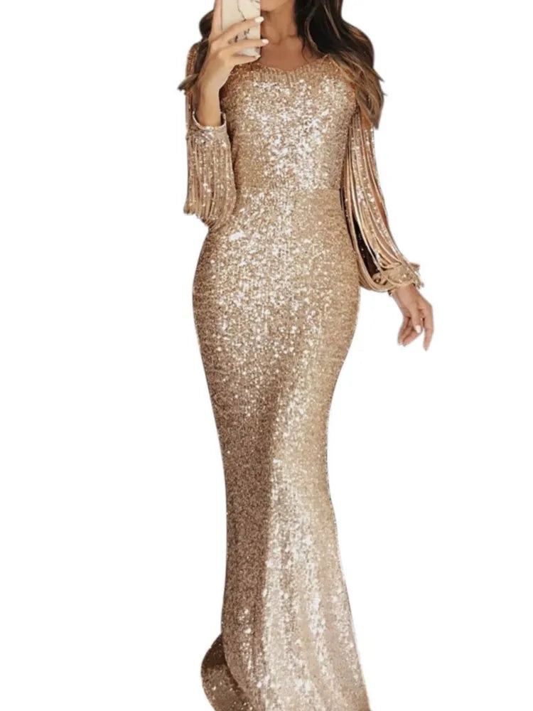 Fashion Tassel Sequins Dress For Women Elegant Long Sleeve O Neck High Waist Package Hip Dresses Robe Femme Formal Evening Party - JN Fashion Fusion