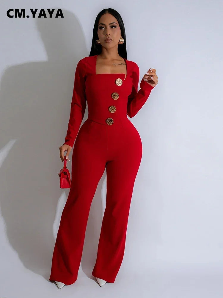 CM.YAYA Elegant Button Long Sleeve Irregular Girl Jumpsuits 2025 Spring Women's Overalls Outfits Night Club Streetwear One Piece - JN Fashion Fusion