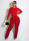 Elegant 2-piece women's outfit with long sleeve bodysuit top and tassel pants by JN Fashion Fusion, perfect for fall and winter.