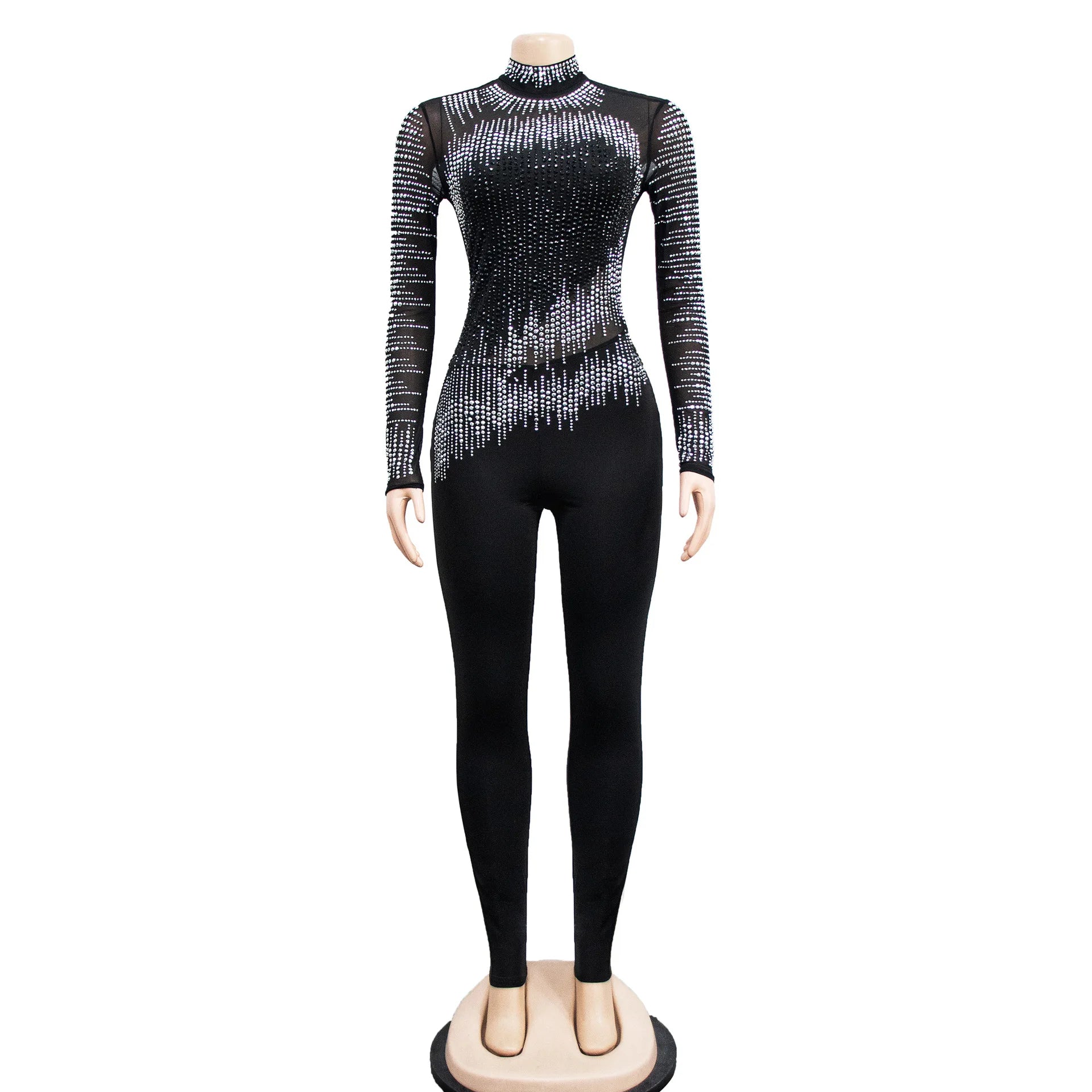 CM.YAYA Women Diamonds Hot Rhinestones Mesh See Though Long Sleeve Stretch Jumpsuit 2023 Party Evening Playsuit One Piece Set - JN Fashion Fusion