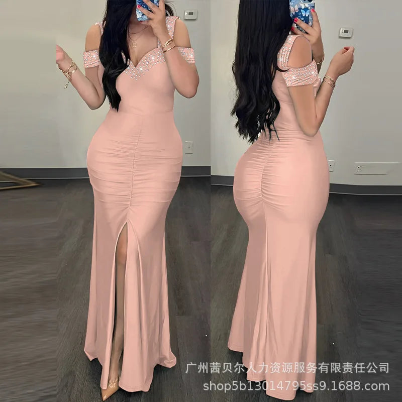 2026 Spring Summer New Women's Clothing Solid Color V-neck Waist Slit Pleated Dress