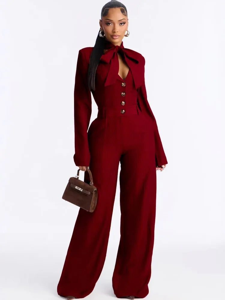 Solid Women Jumpsuits For Spring Summer Long Sleeve V-Neck Balck Jumpsuits Fashion Streetwear Overalls Pants Trousers 2026 - JN Fashion Fusion