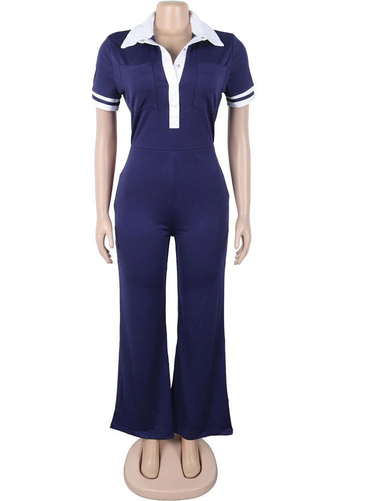 Beyprern Women's Turn-Down Collar Patchwork Wide Legs Jumpsuits Fashion Short Sleeve Stretchy Fitted Overall Night Club Outfits - JN Fashion Fusion