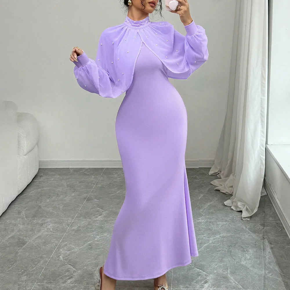Women Dresses 2026 Spring Autumn New Solid Color Beading Decor Lace Splicing High Neck Long Sleeve Slim Hip Wrapping Long Dress - JN Fashion Fusion
