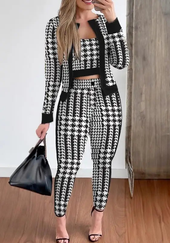 JN Fashion Fusion women's three-piece spring autumn print pants set with long sleeve coat, camisole, and slim trousers.