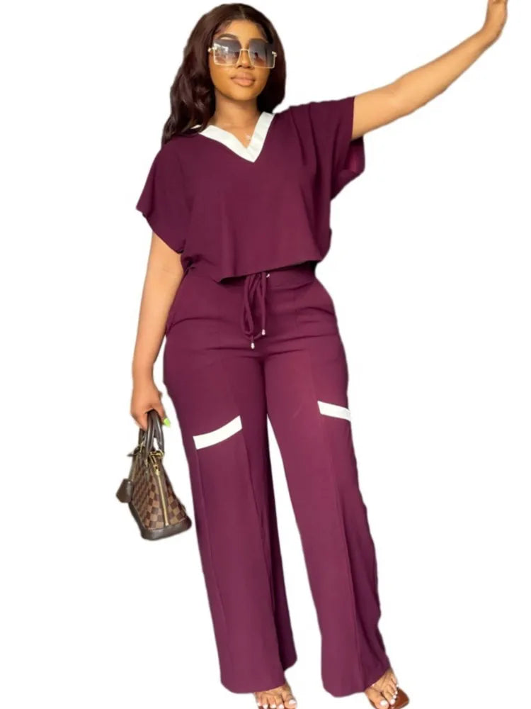 Elegant Women's Casual Short Sleeve T-shirt Sports Suit Summer Fashion Solid V Neck Short Top & Straight Pants Two Piece Sets - JN Fashion Fusion