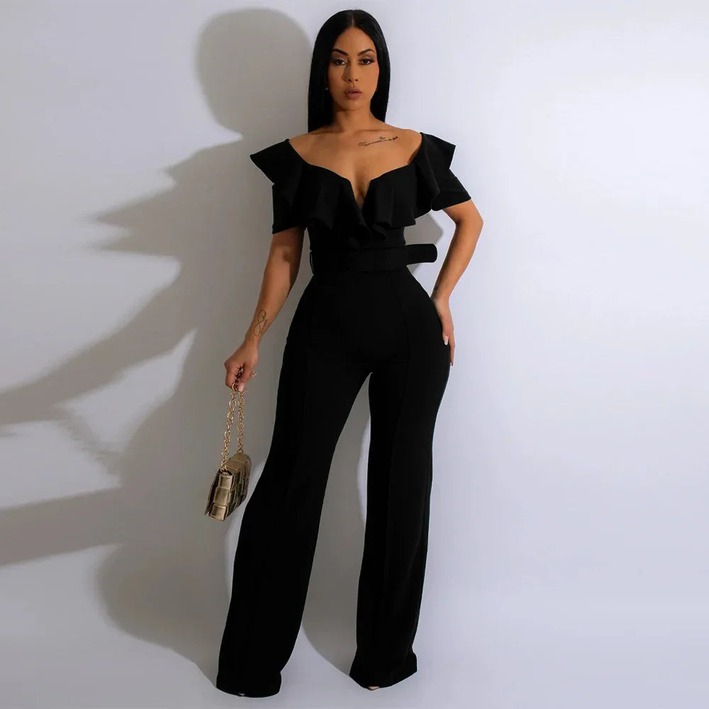 CM.YAYA Vintage Women Butterfly Sleeve Zipper Back Sashes High Waist Straight Wide Leg Jumpsuit 2023 Party Evening One Piece Set - JN Fashion Fusion