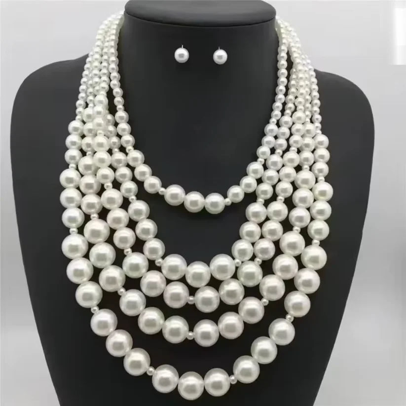 Charm Exaggerated Multi-layer Pearl Necklace Earring Women Versatile Fashion Accessories Personalized Bride Wedding Jewelry Set - JN Fashion Fusion