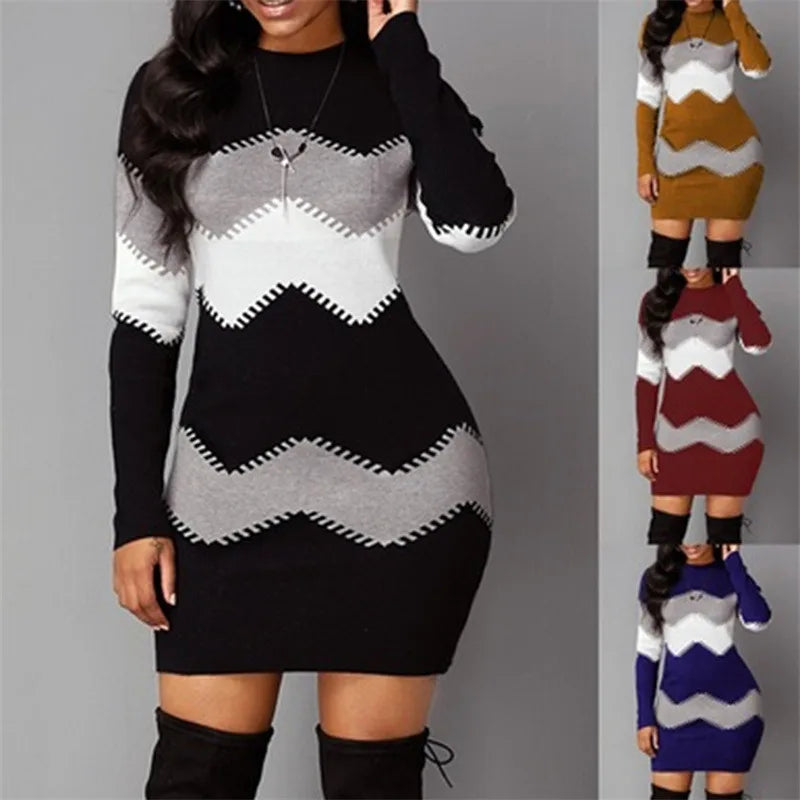 Women Elegant Patchwork Long Sleeve Warm Dress 2022 Autumn Winter Rib Knit Sweater Dress Casual Turtleneck Pullover Mini Dresses - JN Fashion Fusion