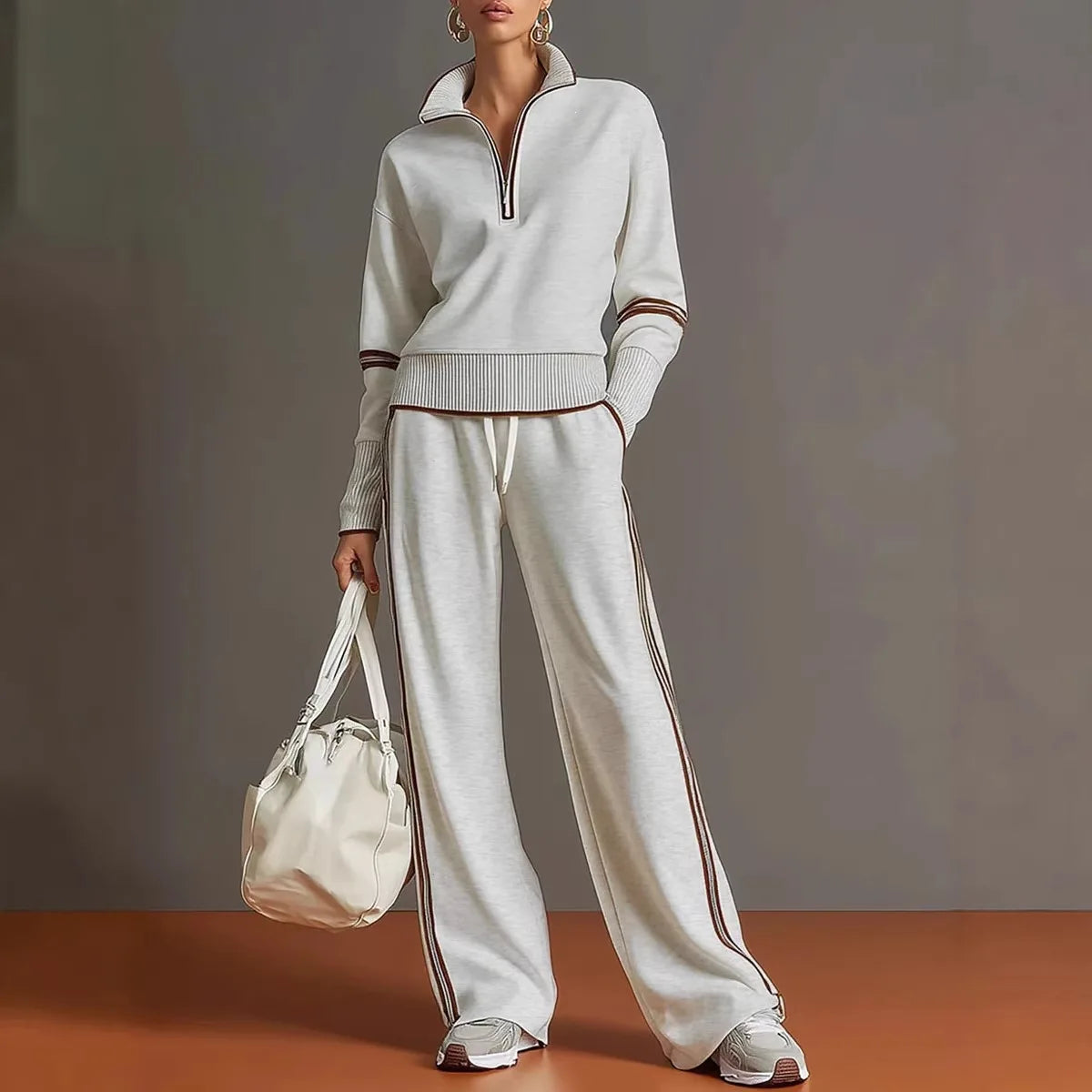 JN Fashion Fusion women's casual striped hoodie and wide-leg pants two-piece set with color blocking for autumn and winter.