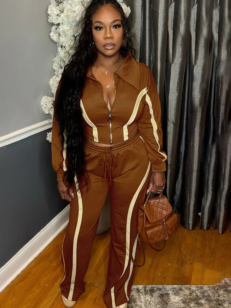 Beyprern Womens Striped Patchwork Contrast Color Zippers Cropped Jacket+Wide Legs Pants Set Sporty Jogger Suits Set Overalls - JN Fashion Fusion