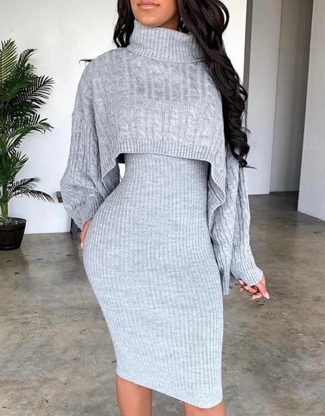 Women's Sweater Dress Set Autumn Winter New 2025 Solid Turtleneck Ribbed Sweater & Knitted Strap Dress Sets Matching Outfit - JN Fashion Fusion
