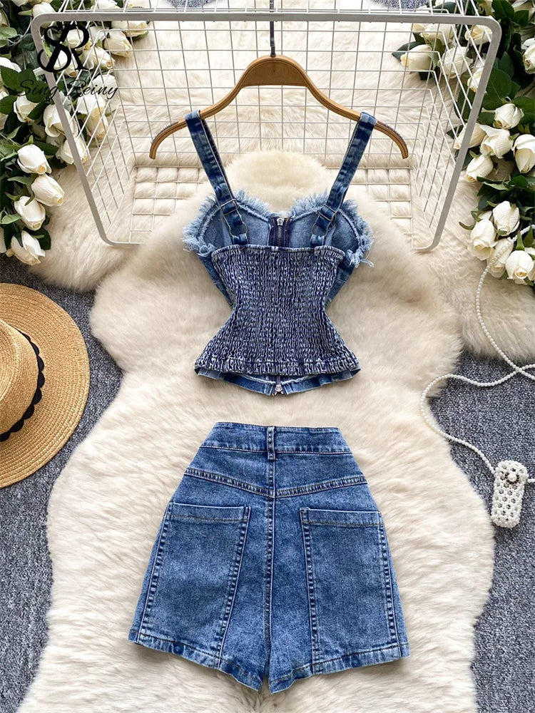 SINGREINY American Hotsweet Denim Suits Zipper Skinny Mini Top+High Waist Bodycon Skirt Women Summer Streetwear Two Piece Sets