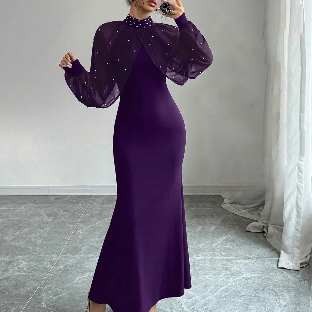 Women Dresses 2026 Spring Autumn New Solid Color Beading Decor Lace Splicing High Neck Long Sleeve Slim Hip Wrapping Long Dress - JN Fashion Fusion