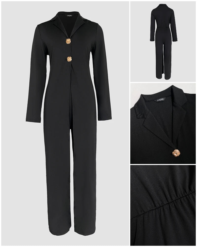 Casual Long Sleeve Jumpsuit Notched Collar Button Front Cinched Waist Wide Leg Faux Two-Piece Design