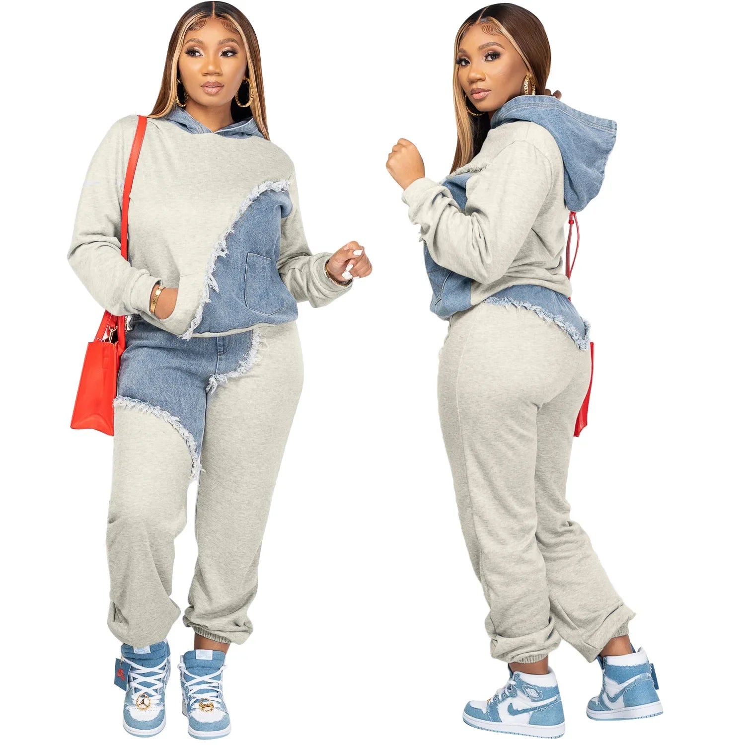 Women Tracksuit Hooded Two Pieces Set Long Sleeve Sweatshirts Pullover Hoodies Print Patchwork Pockets Pencil Pants Sports - JN Fashion Fusion