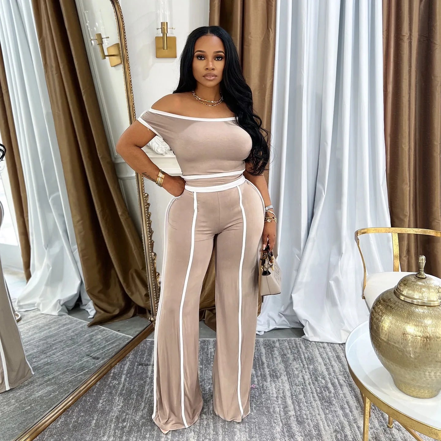 Pant Set Women Two Piece Sets Oblique Shoulder Short Sleeve Y2k Tops Wide Leg Long Pants High Tight Waist Elegant Streetwear - JN Fashion Fusion