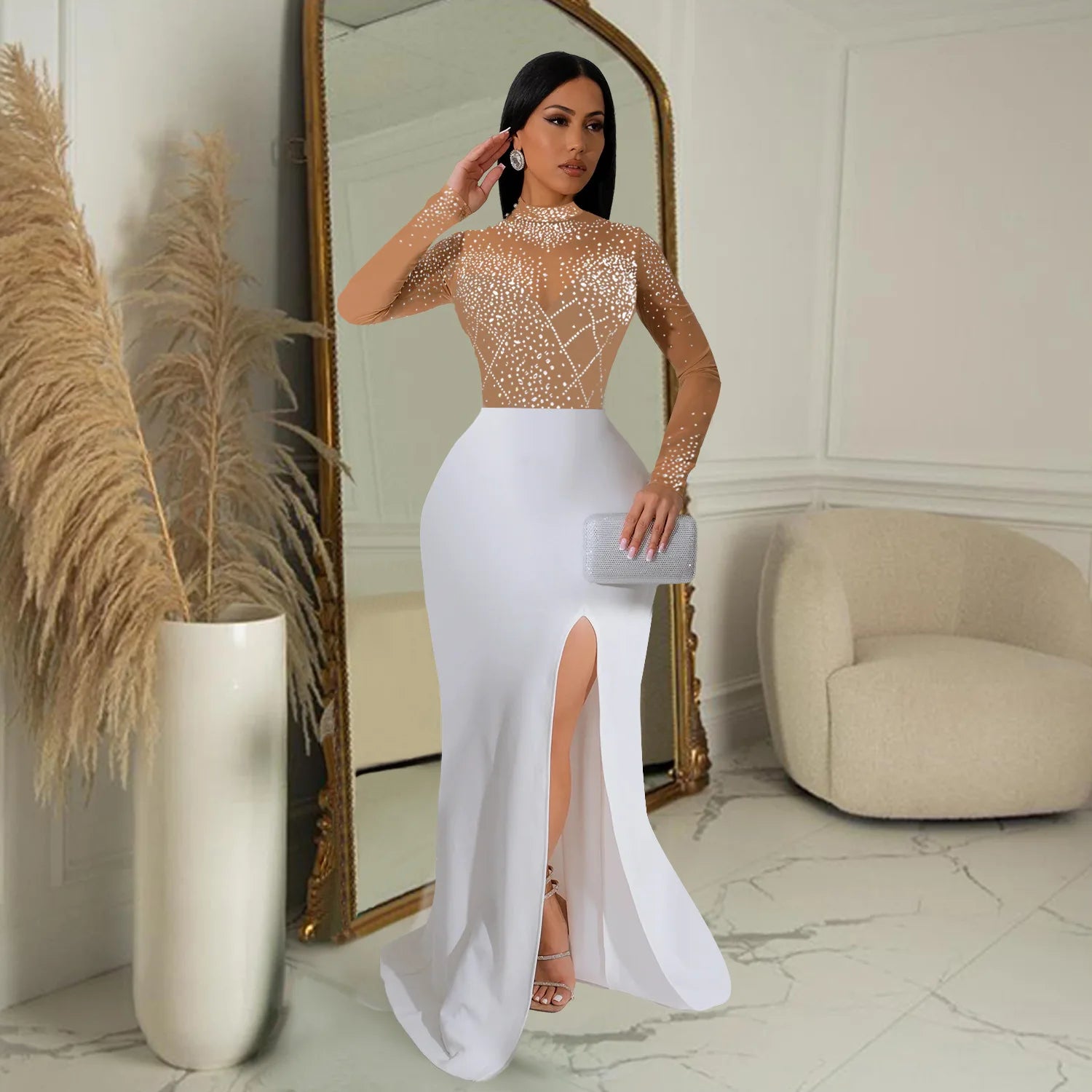 HBLL Sexy Mesh Patchwork Skinny Maxi Dress Women Rhinestone Long Sleeve See Through Bodycon Birthday Clubwear Celebrity Dress - JN Fashion Fusion
