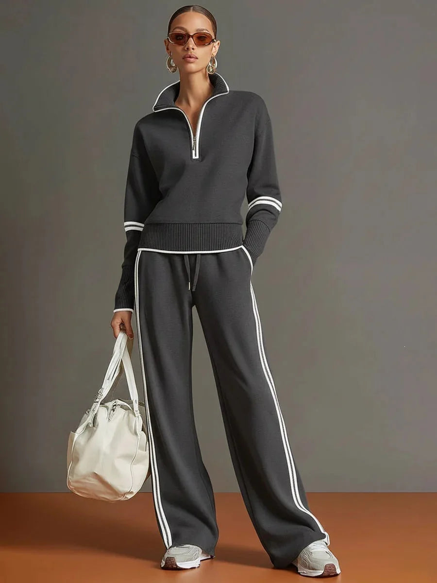 JN Fashion Fusion casual striped hoodie and wide-leg pants two-piece set for women, featuring color blocking, perfect for autumn winter wear