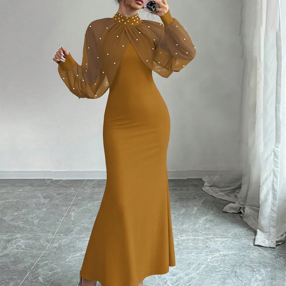 Women Dresses 2026 Spring Autumn New Solid Color Beading Decor Lace Splicing High Neck Long Sleeve Slim Hip Wrapping Long Dress - JN Fashion Fusion