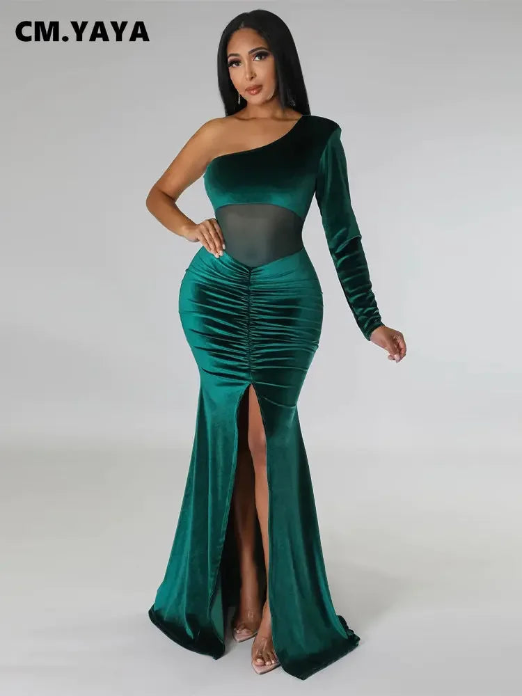 CM.YAYA Women Velvet Mesh Patchwork One Shoulder Long Sleeve High Slit Floor Length Mermaid Bodycon Midi Sexy Party Club Dresses - JN Fashion Fusion
