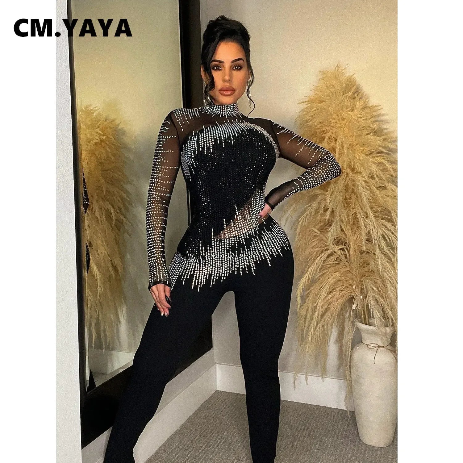 CM.YAYA Women Diamonds Hot Rhinestones Mesh See Though Long Sleeve Stretch Jumpsuit 2023 Party Evening Playsuit One Piece Set
