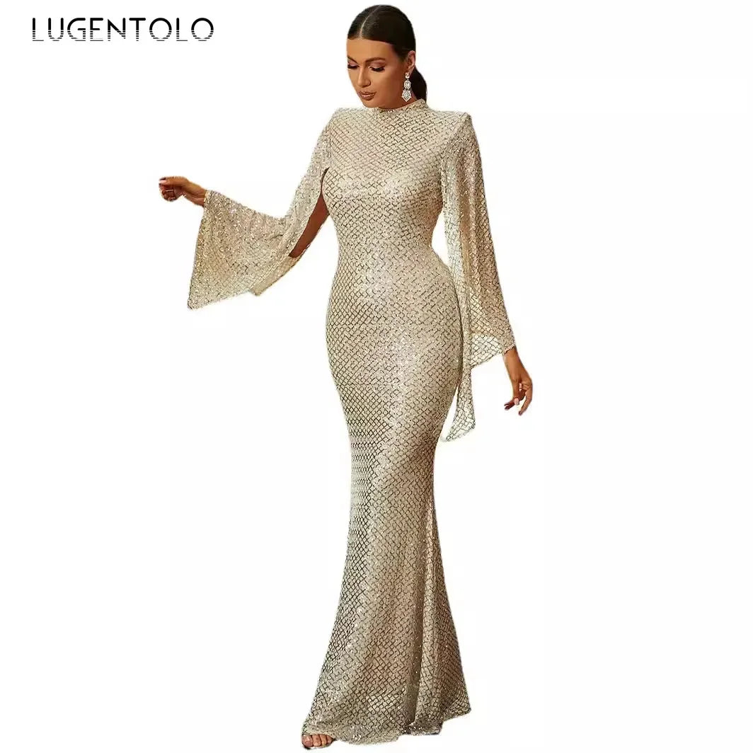Women Elegant Dress Cocktail Party Long Sleeve Elegant Sequins Lady Temperament Golden Color O-neck Banquet Maxi Clothing - JN Fashion Fusion
