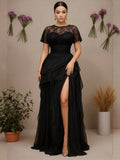 Elegant Lace Mesh Formal Evening Dress for Women's Plus Size Splice Hollow Out Split Hem Layer High Waist Cocktail Elegant Dress