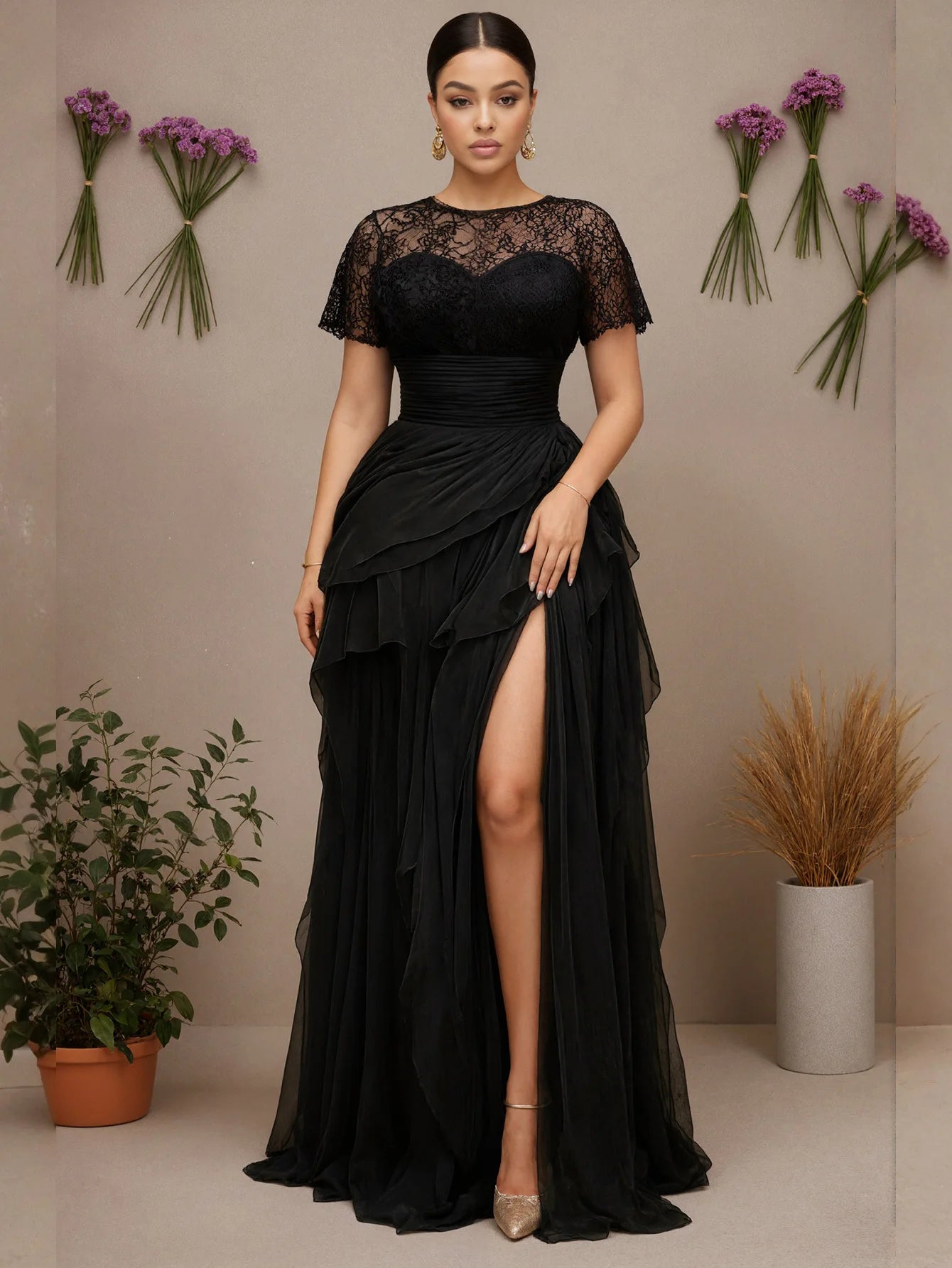 Elegant Lace Mesh Formal Evening Dress for Women's Plus Size Splice Hollow Out Split Hem Layer High Waist Cocktail Elegant Dress
