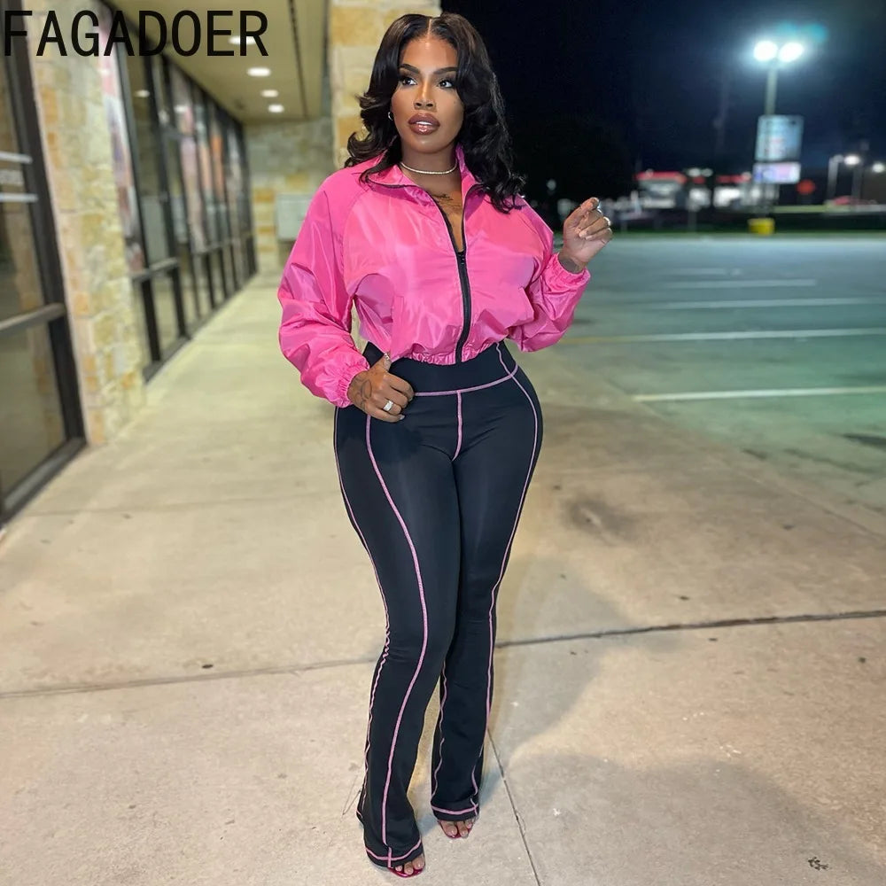 FAGADOER Autumn Winter Casual 2 Pieces Set for Woman Outfits Solid Color Long Sleeves Crop Top + Flared Pants Female Sportswear - JN Fashion Fusion