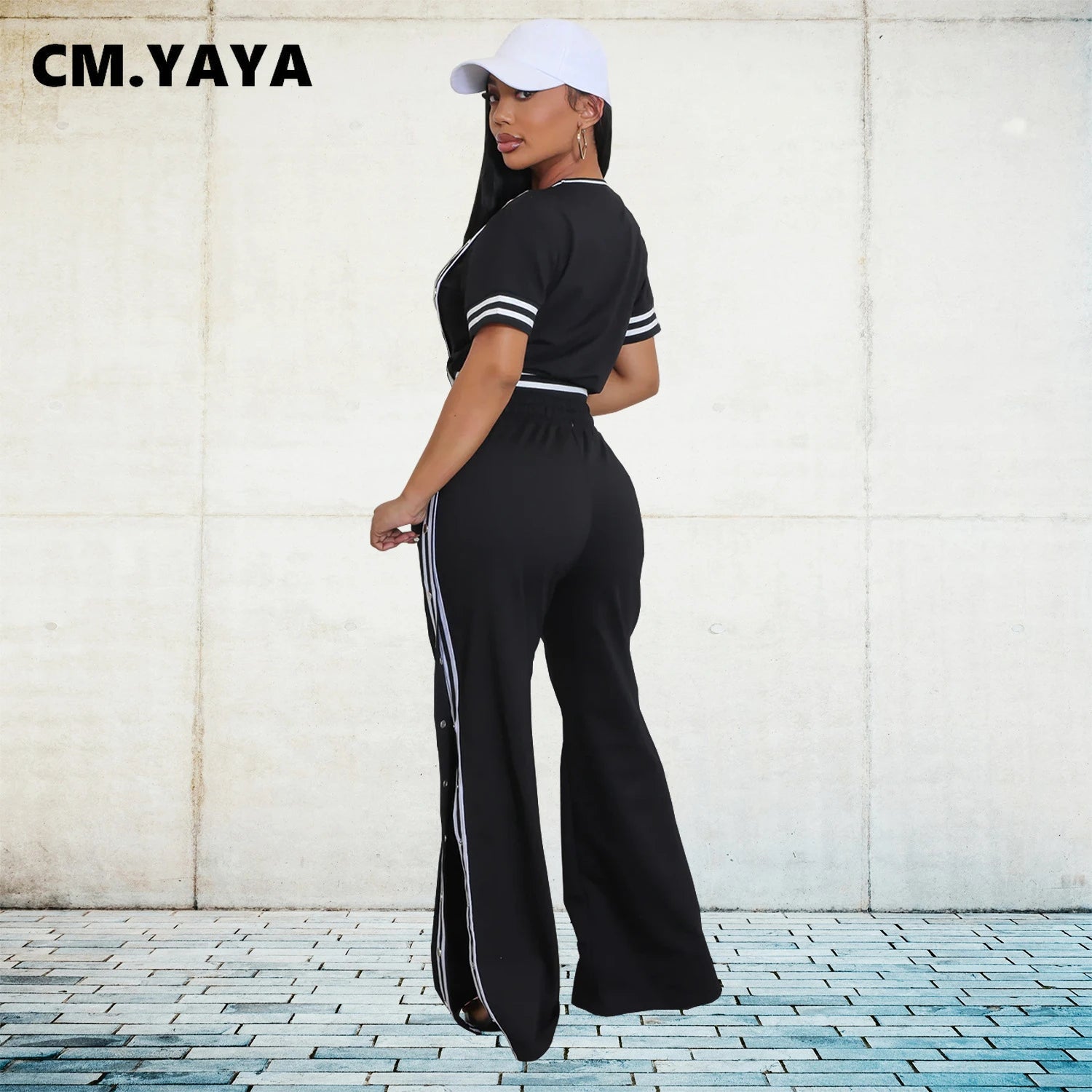 CM.YAYA Active Women's Set Striped Ribbon T-shirt + Side Button Split Long Pants Suit Sporty Two 2 Piece Sets Outfit Tracksuit - JN Fashion Fusion