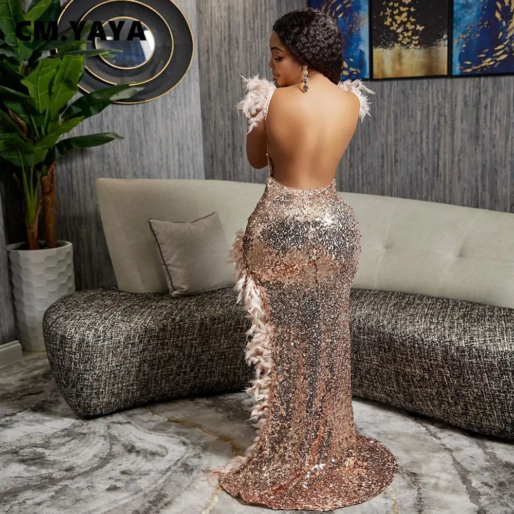 CM.YAYA Women Sequined Spaghetti Strap Feather Hem High Side Slit Mermaid Trumpet Bodycon Midi Evening Sexy Party Maxi Dresses - JN Fashion Fusion