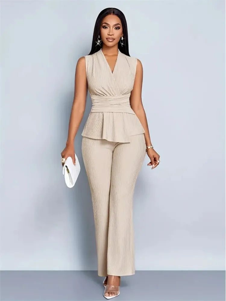 New Spring Summer Women's Trousers Two-piece Elegant Slim V-neck Sleeveless Irregular T-shirt Wide-leg Pants Office 2-piece Set - JN Fashion Fusion