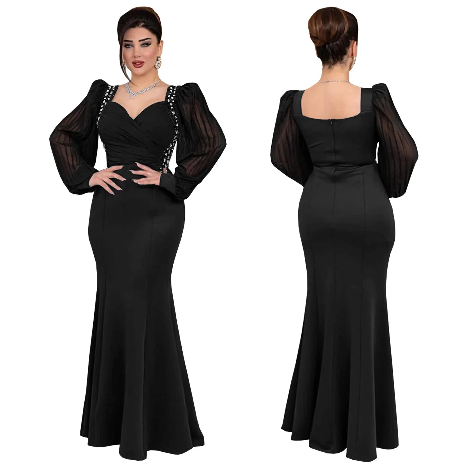 2026 Autumn Fashion Women's Dress Solid Color Temperament Concealed Waist Hot Diamond Long Sleeve Fish Tail Dress - JN Fashion Fusion