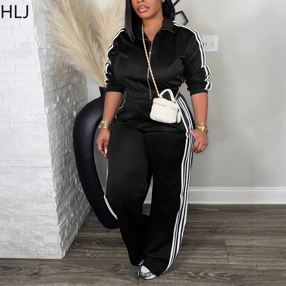 JN Fashion Fusion women's 2-piece stripe patchwork crop top and pants set, solid color long sleeves streetwear outfit.
