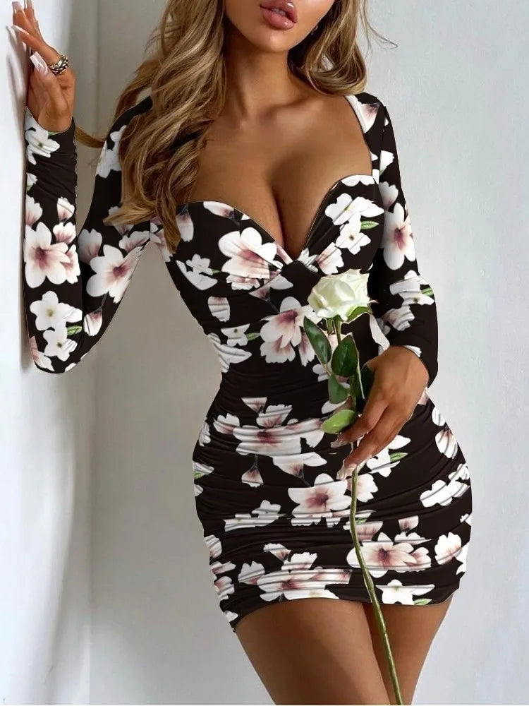 Sexy Package Hip Slim Mini Dress Printed Low Cut Bodycon Party Night Club Dresses For Women Fashion Trendy Tight Short Vestidos - JN Fashion Fusion