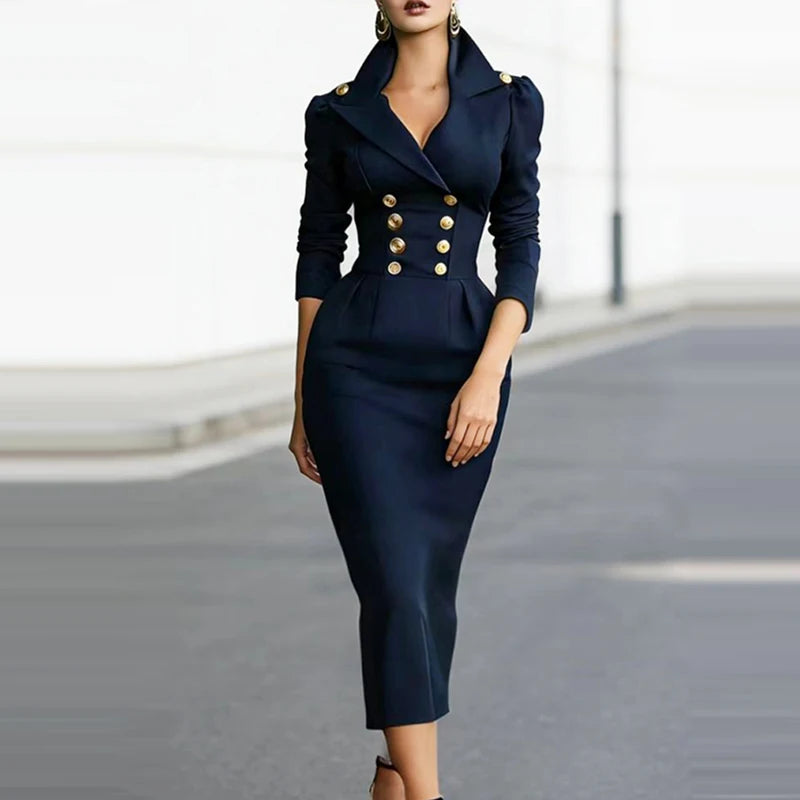 Elegant women's long dress by JN Fashion Fusion featuring a lapel V-neck, long sleeves, draped wrap style, and button details.