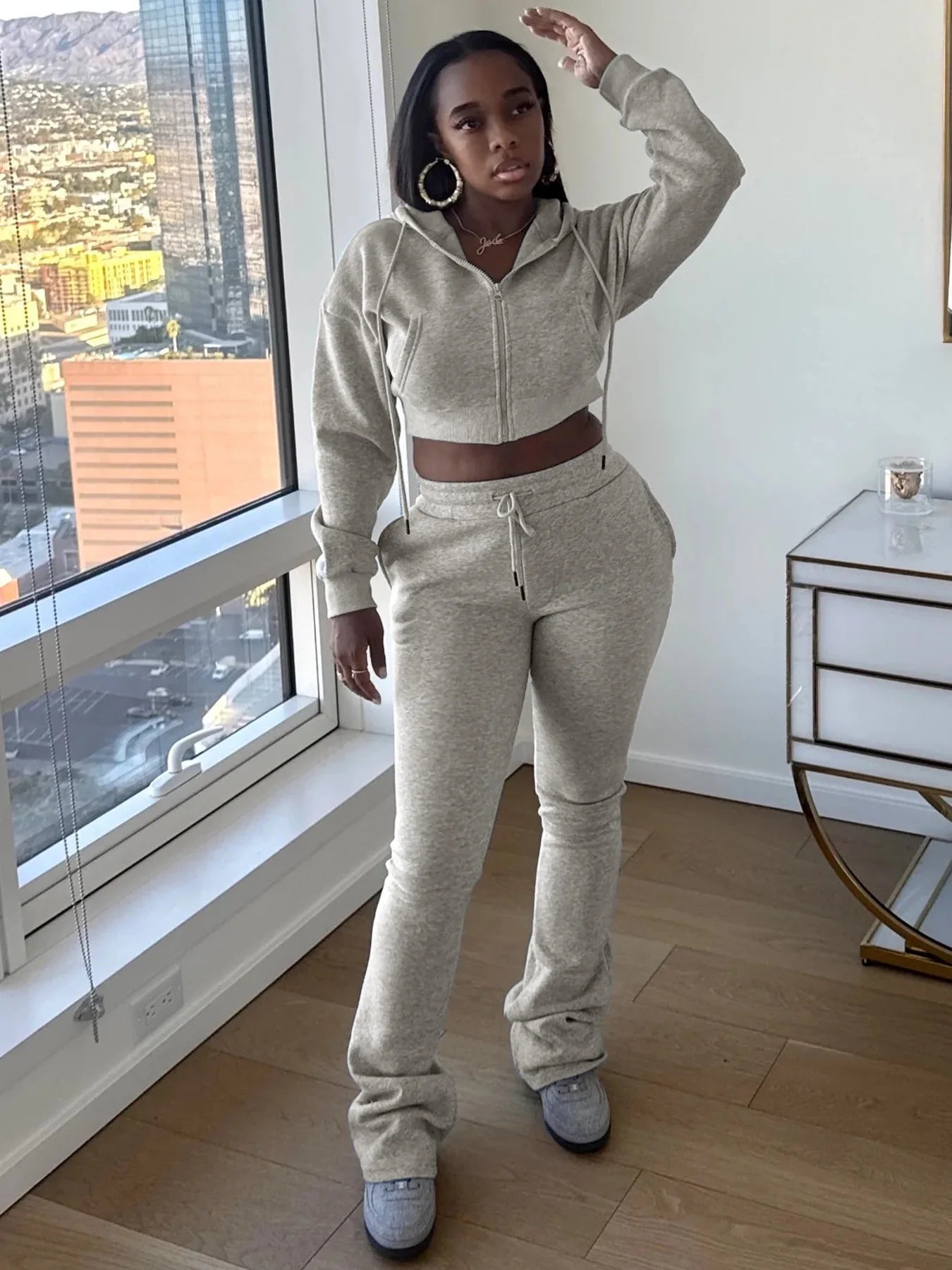 Kliou Casual Tracksuits 2 Piece Set Woman Shirring Full Sleeve Hooded Crop Coats+Drawstring Long Pants Sporty Style Classic Suit - JN Fashion Fusion