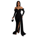 2026 Red Wrap Chest Long Dresses For Women Sleeveless With GlovesRibbon Side Split Ruffles Robe Evening Birthday Party Clothes - JN Fashion Fusion