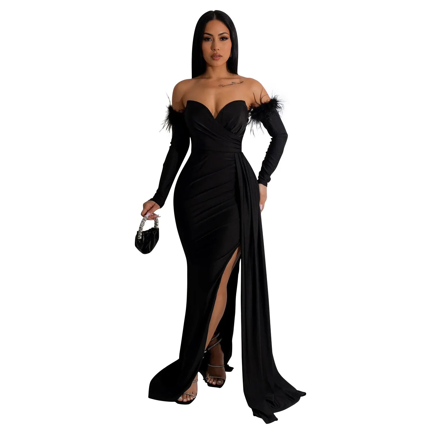 2026 Red Wrap Chest Long Dresses For Women Sleeveless With GlovesRibbon Side Split Ruffles Robe Evening Birthday Party Clothes - JN Fashion Fusion