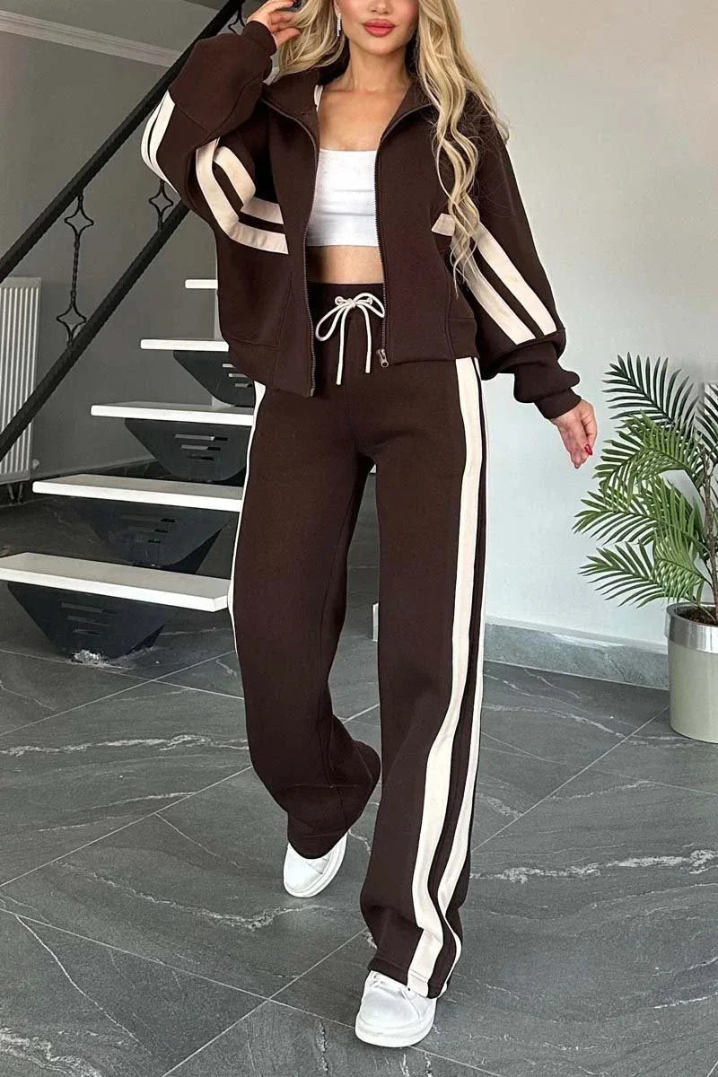 Ladies stripe tracksuit by JN Fashion Fusion featuring a zip-up crop jacket and high-waist wide-leg sweatpants for streetwear style.