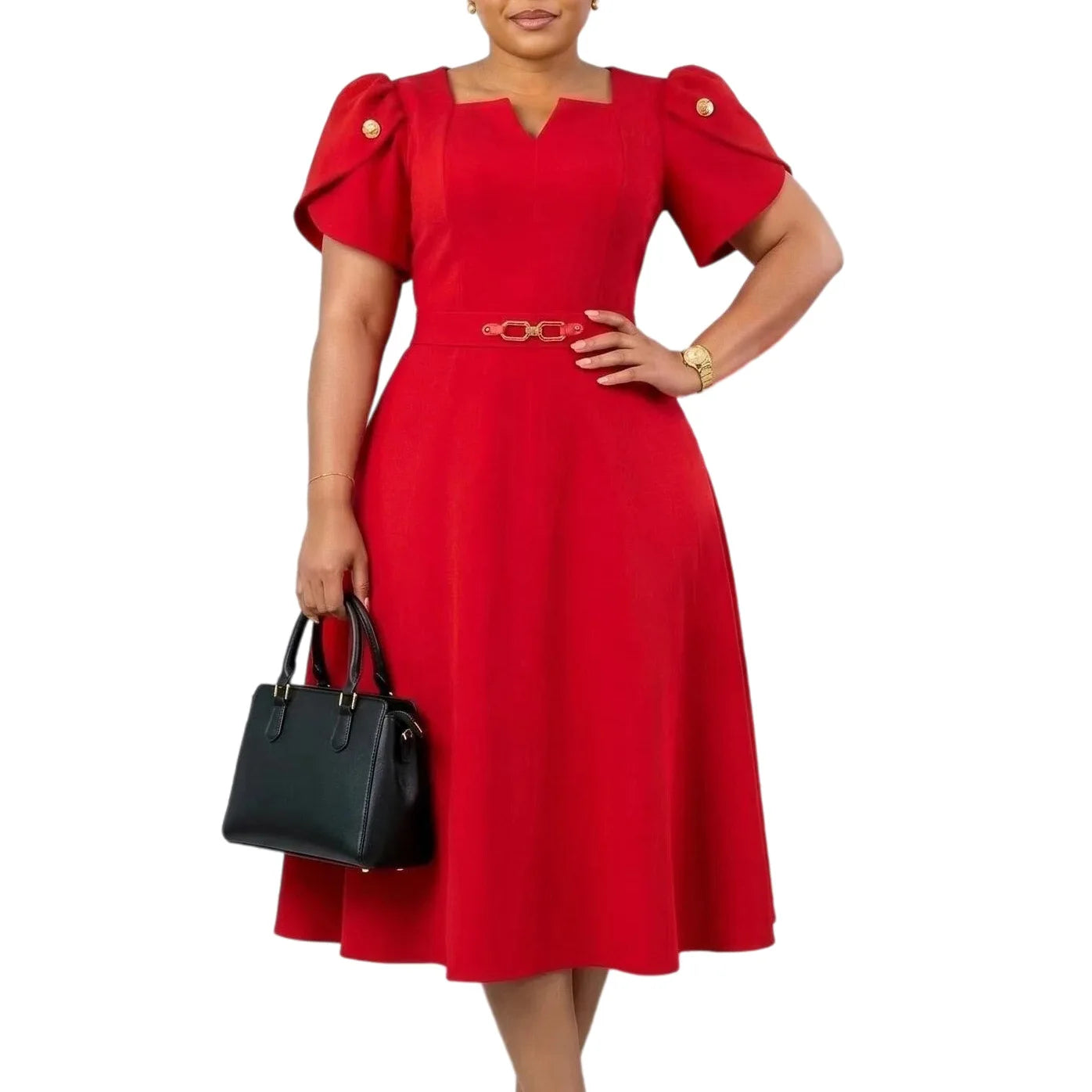 Women Summer Autumn Casual Plus Size Slim Office Ladies Dresses Retro Elegant V-Neck High Waist Short Sleeve Party Dress 2026