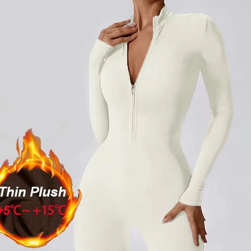 Warm Thin Fleece Jumpsuits Women's Tracksuit Winter One-Piece Sports Suit Black Fitness Jumpsuit Long Sleeves Workout Bodysuit - JN Fashion Fusion