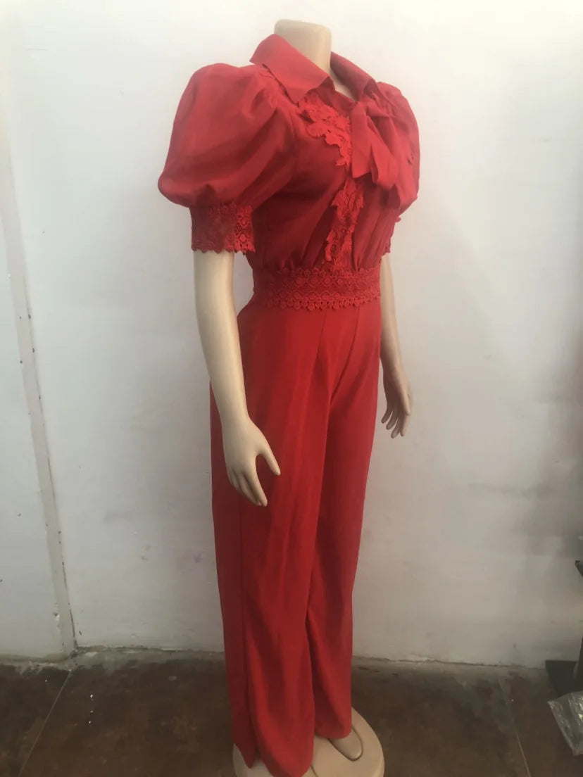 Patchwork Wide Leg Party Jumpsuit Sexy Women Turn Down Collar Elegant Lace Night Club Romper Overalls - JN Fashion Fusion