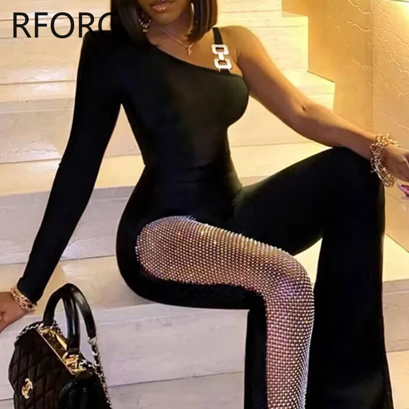 2023 Women Solid One Shoulder Long Sleeves Patchwork Working Formal Jumpsuits - JN Fashion Fusion