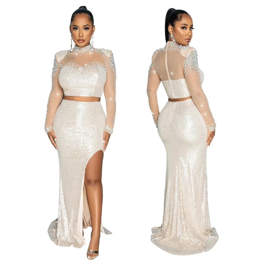 African Clothes for Women 2 Piece Sequin African Long Sleeve O-neck Party Evening Top Long Skirts Matching Sets Dashiki Outfits - JN Fashion Fusion