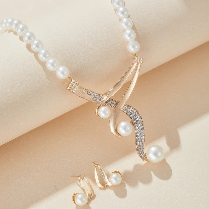 Fashion Geometric Pearl Earring Two Piece Necklace for Women Exquisite Birthday Party Jewelry Gifts - JN Fashion Fusion